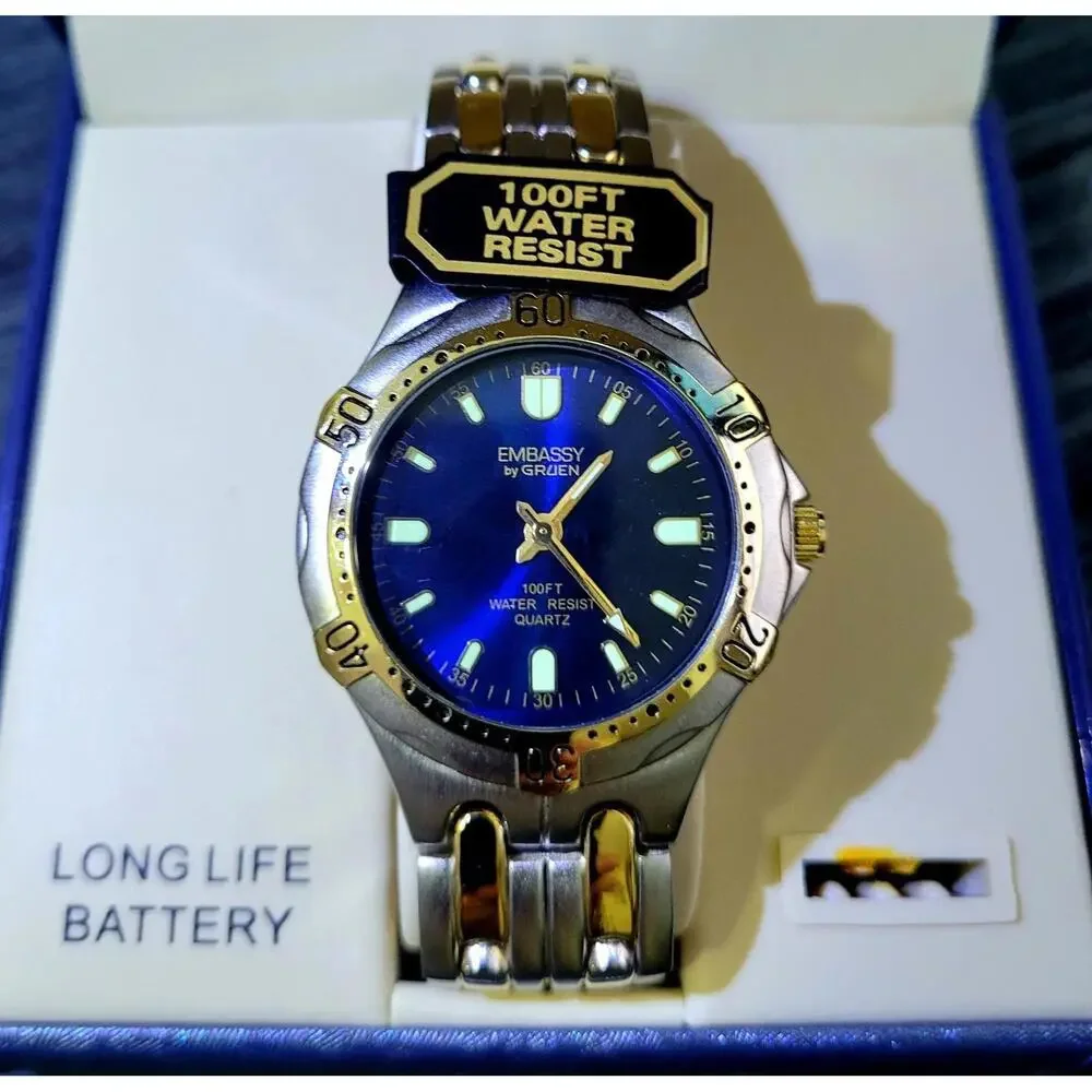 Rare Vintage NOS Gruen Sport 2 Tone Watch W Box & Papers